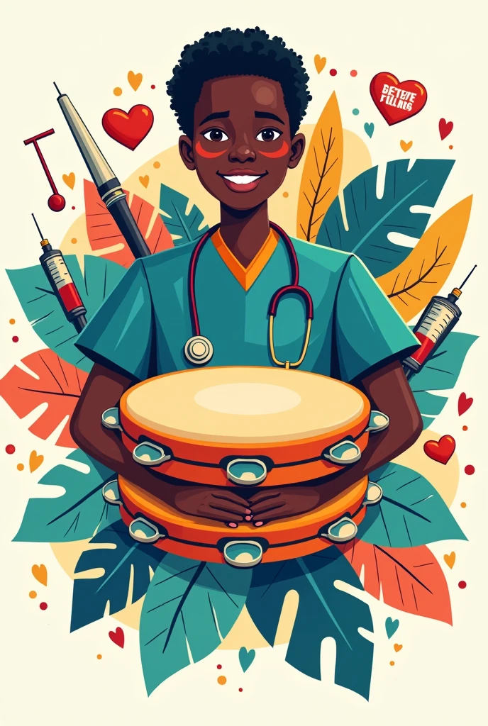 Create a logo for an African university health choir with only a tambourine in the center with medical equipment