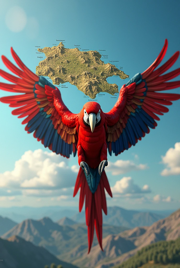 Large map of Honduras in the middle of the open wings of the scarlet macaw
