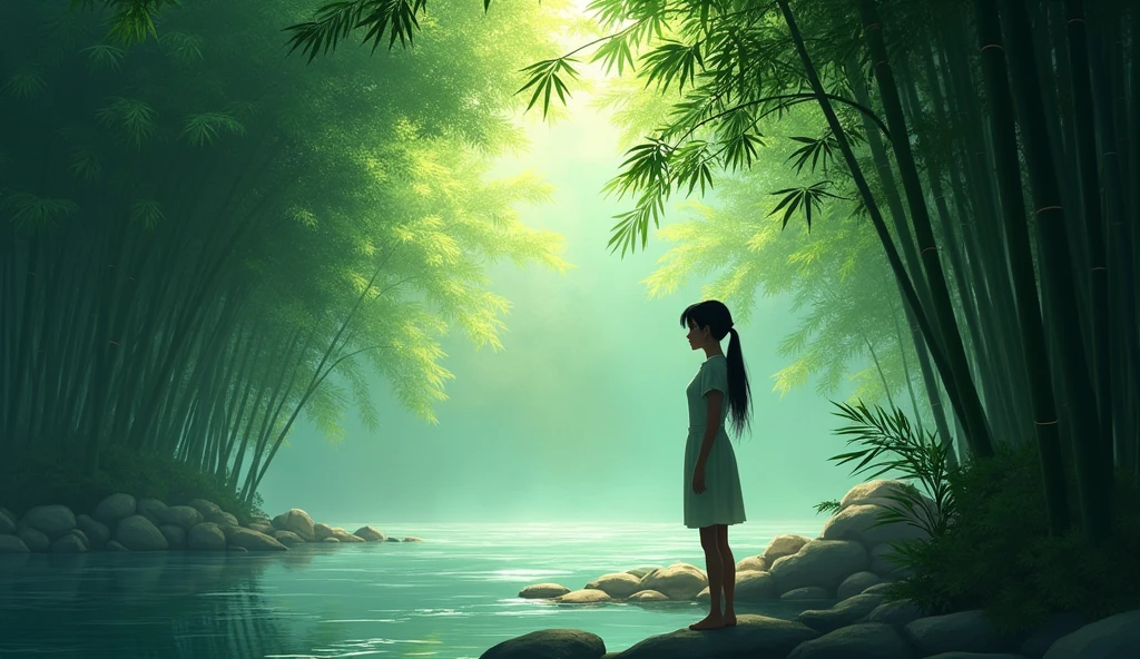 But one girl, Meera, was standing alone near the bamboo trees on the river bank.