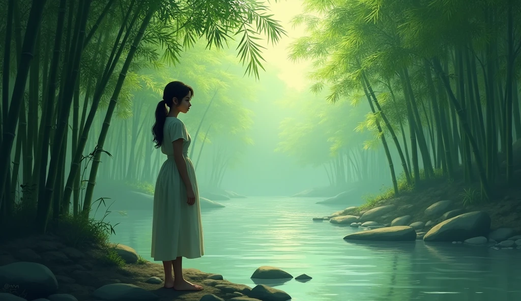 But one girl, Meera, was standing alone near the bamboo trees on the river bank.