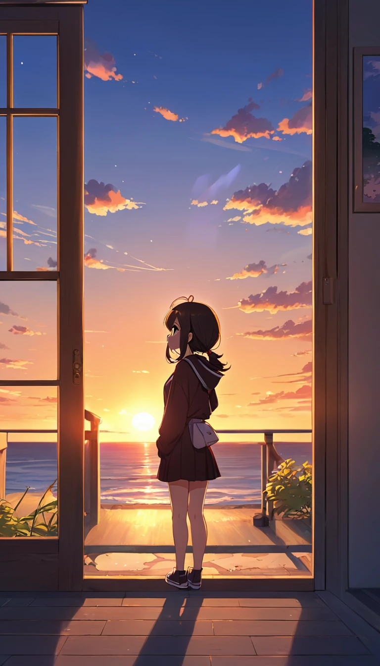 A cute girl, full body, watching the sunset, anime, cartoon reality