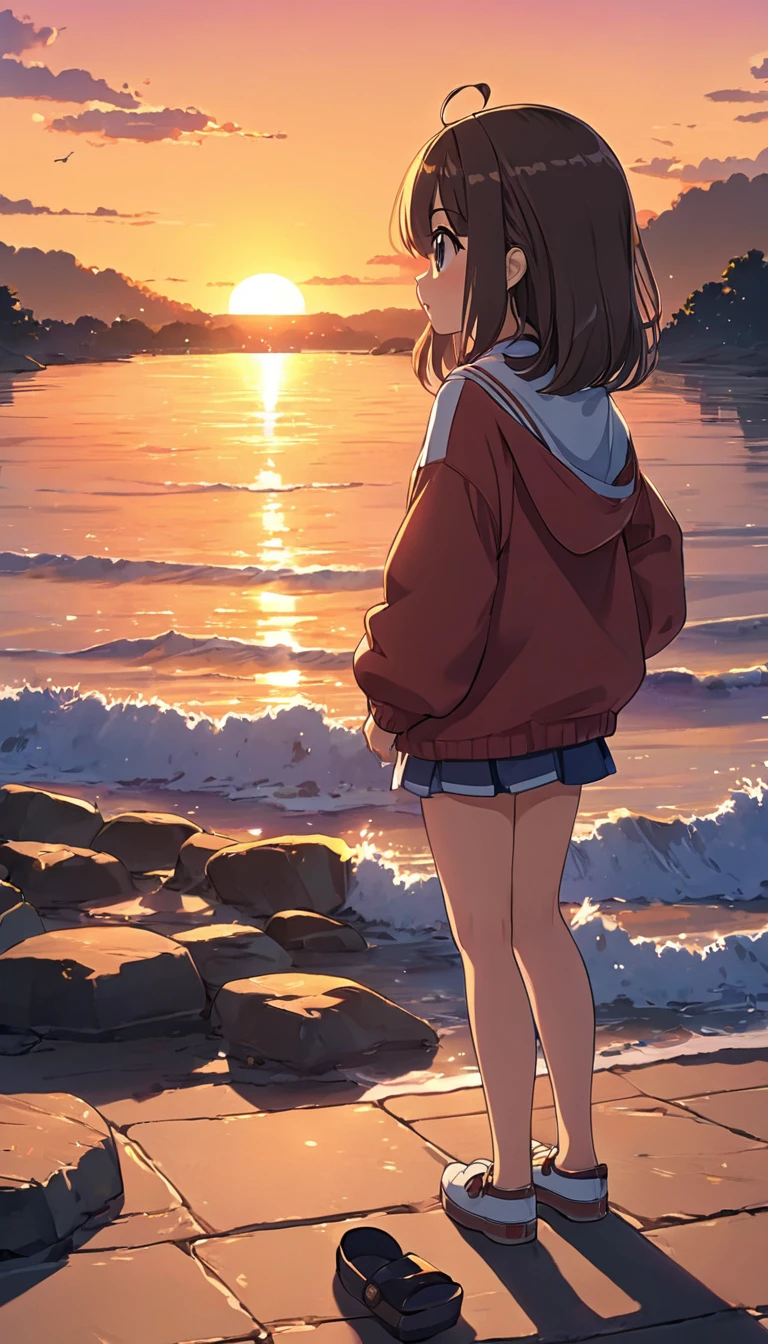A cute girl, full body, watching the sunset, anime, cartoon reality