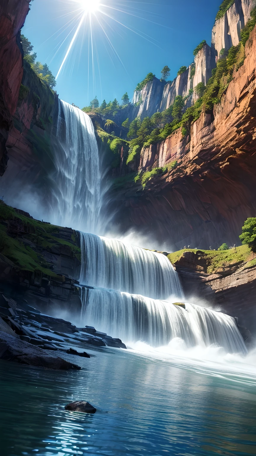 a ((Low angle shot: 1.5)), From beneath an epic waterfall, There is a majestic waterfall flowing from a majestic cliff., ((Standing very close to the waterfall)) The water really fell., Rainbow reflected on the water, Energetic, 超high resolution, High contrast, (masterpiece:1.5), best quality, Best aesthetics), The finest details, best quality, high resolution, 16K, (Extremely detailed: 1.5), masterpiece, best quality, (Extremely detailed) Raw, (Ultra Detailed, masterpiece, best quality), Money basket art style, ral-czmcrnbw