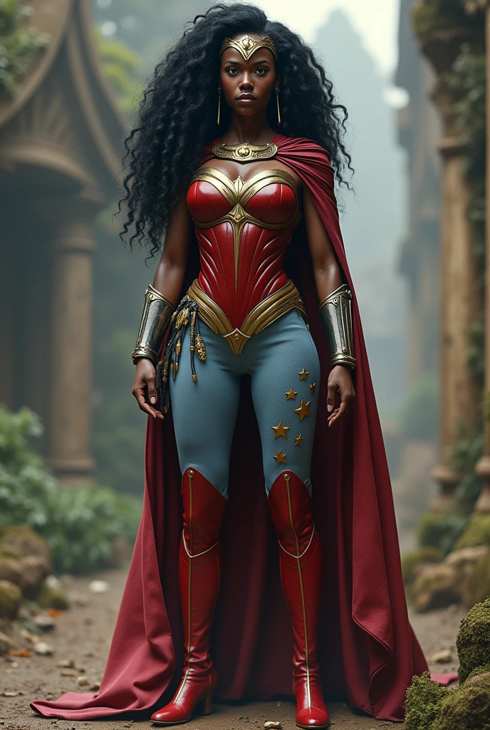 A beautiful black-skinned woman with black hair Afro Dreadlocks under the cloak of the Amazon warrior Wonder Woman in leather and red corset and light blue pants with stars on leather long red boots up to the knees Diaema Wonder Woman on her forehead