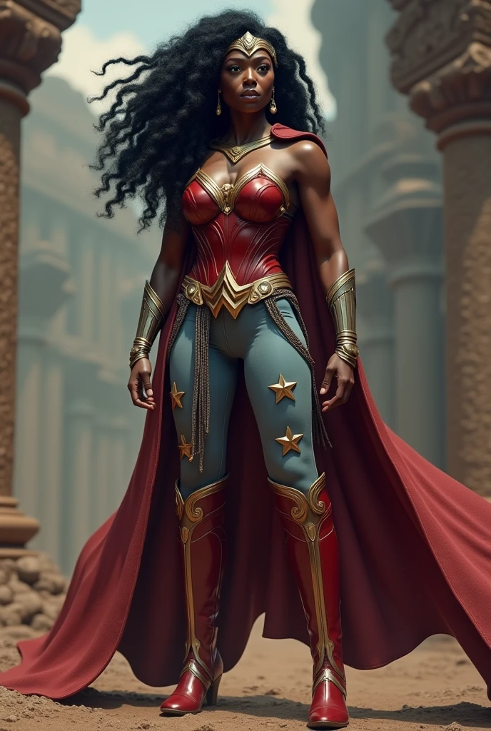 A beautiful black-skinned woman with black hair Afro Dreadlocks under the cloak of the Amazon warrior Wonder Woman in leather and red corset and light blue pants with stars on leather long red boots up to the knees Diaema Wonder Woman on her forehead