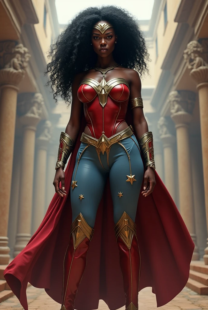 A beautiful black-skinned woman with black hair Afro Dreadlocks under the cloak of the Amazon warrior Wonder Woman in leather and red corset and light blue pants with stars on leather long red boots up to the knees Diaema Wonder Woman on her forehead