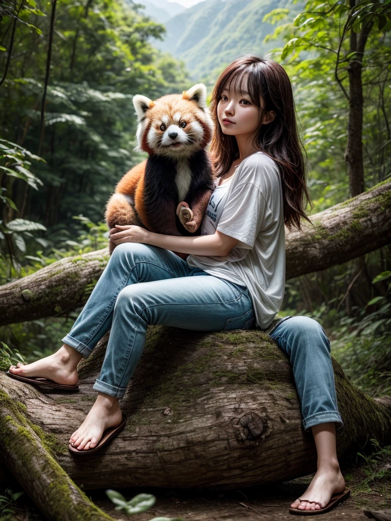 A stunning cinematic photo capturing a naturally beautiful Korean woman in a 3/4 angle full body view. She is seated on a fallen tree trunk in a serene green hill environment, surrounded by lush foliage and a distant mountain range. The woman is dressed casually in a t-shirt, cargo jacket, and long denim pants, with flip-flops on her feet. She is holding a captivatingly cute red panda, which adds a magical touch to the scene. The soft sunlight creates an ambient glow, and the image is captured in ultra-high definition with a DSLR camera, showcasing an impressive level of detail., cinematic, wildlife photography, photo, portrait photography