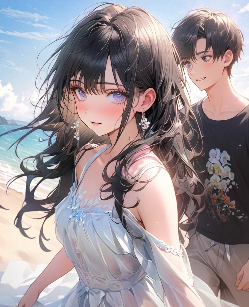 8k,Ephemeral beauty,Very delicate and beautiful,Beautiful and realistic skin,Black Hair、Long and colorful hair,Beautiful Eyes,good,Beautiful beaches、Dating with your boyfriend、Walking arm in arm with my boyfriend、shy、