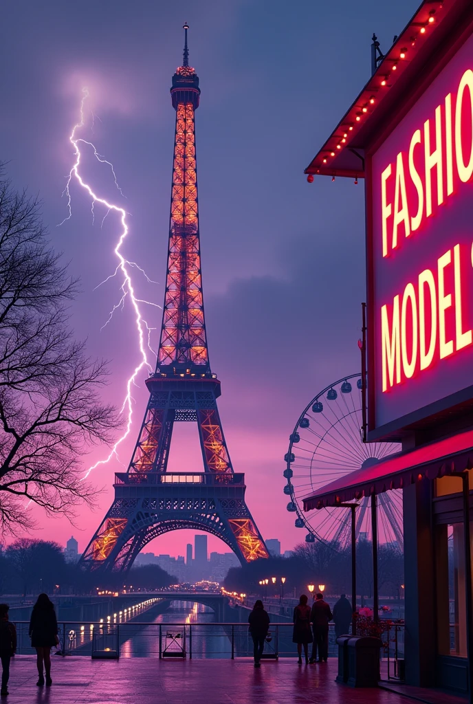 Effiel Tower in the center, An ad on the right side that says "Fashion Models", a bolt of lightning in the sky and a Ferris wheel in the background. purple tones