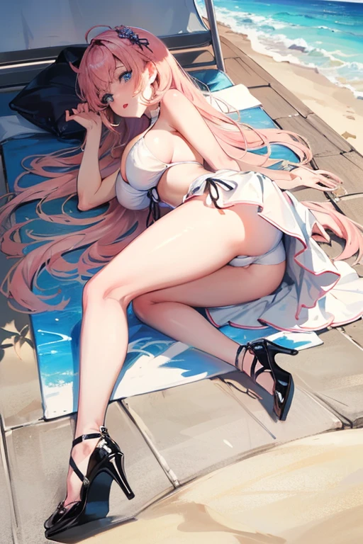 ((Best Quality)), ((masterpiece)), (detailed), 1 girl, lying on the beach wearing a white swimsuit with a pink design, wavy fur, rubio, blue eyes, black heels, big breasts, neckline,((Whole body)), view from behind