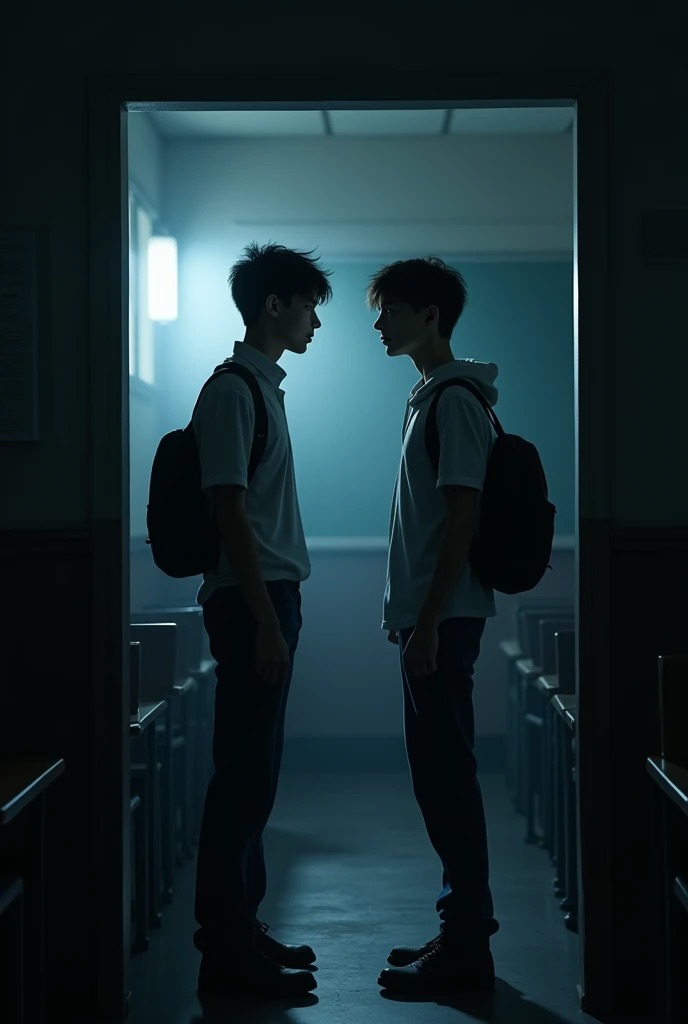 Two high school student talking private in the class room (both males) and both look very stressed, the room must be very dark and scary
