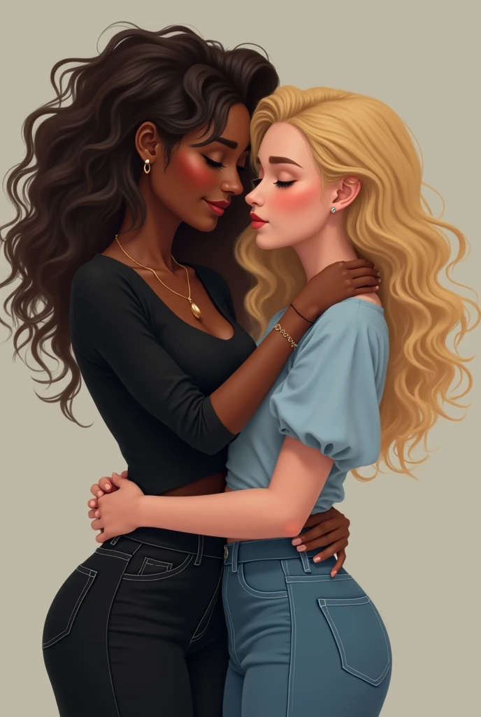 A couple where the girl-1 hugs the girl-2 from behind, girl-2 is white and has dark blonde hair and girl-1 is black skinned medium and has blond curly finger wave hair, They are in their 20s, girl-1 wears all black and girl-2 wears a light blue feminine blouse and baggy jeans. 