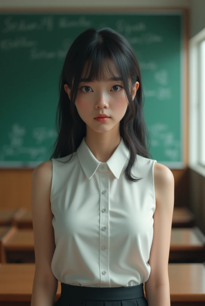 masterpiece,Highest quality,(Ultra-high definition CG Unity 8K wallpaper),(Highest quality),Physical Rendering,Japanese high school classroom,blackboard,A female teacher wearing a white collared sleeveless shirt,Staring blankly at the viewer,