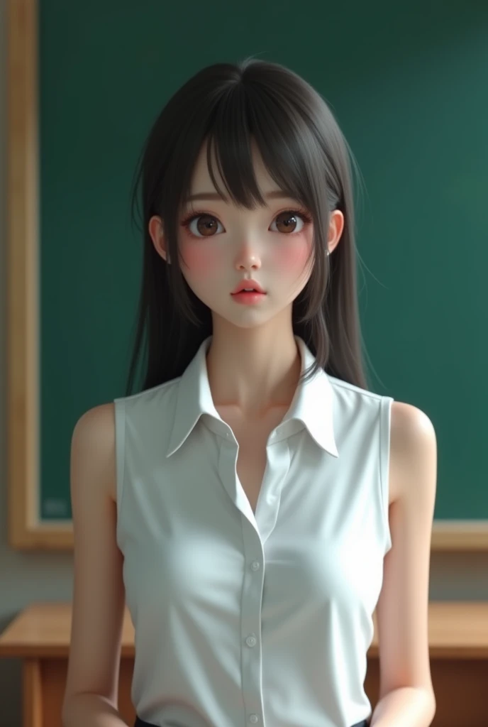 masterpiece,Highest quality,(Ultra-high definition CG Unity 8K wallpaper),(Highest quality),Physical Rendering,Japanese high school classroom,blackboard,A female teacher wearing a white collared sleeveless shirt,Staring blankly at the viewer,
