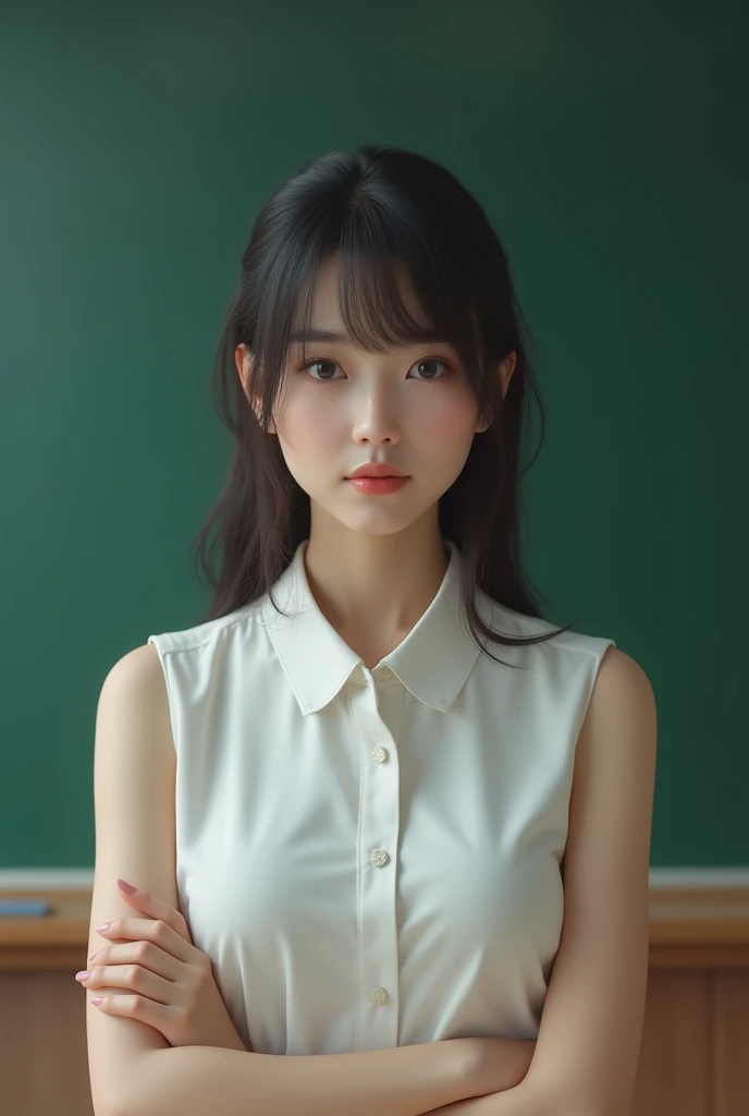 masterpiece,Highest quality,(Ultra-high definition CG Unity 8K wallpaper),(Highest quality),Physical Rendering,Japanese high school classroom,blackboard,A female teacher wearing a white collared sleeveless shirt,Staring blankly at the viewer,