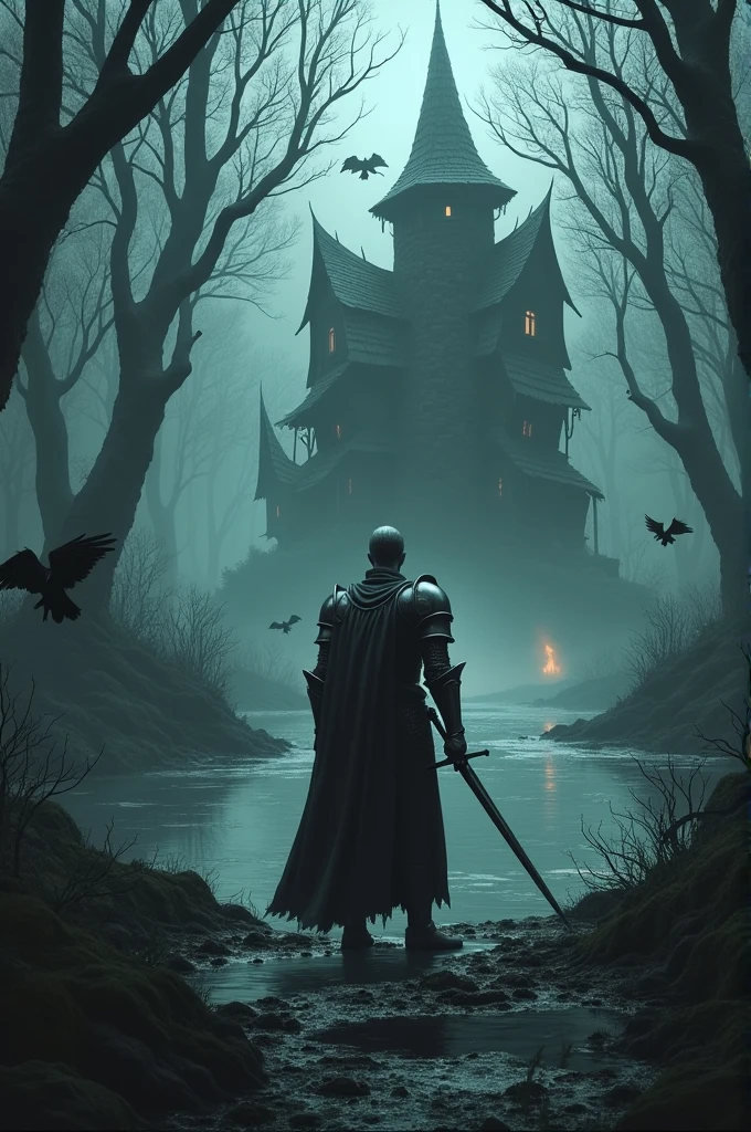 A knight facing a witch's house in the swamp