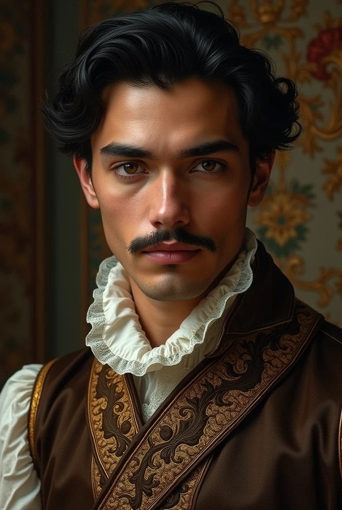 A 25-year-old man with light brown skin, a black mustache and full lips, and short black hair in the 17th century

