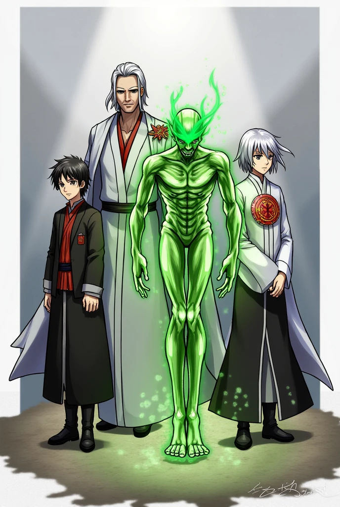 Create a group of people,there is a tall man with long samurai-style hair and dark clothes , a man with medium length hair of white color and white color, a green humanoid man with green fire, a woman with white hair and black clothes, Everyone on their clothes has a red badge of different designs 