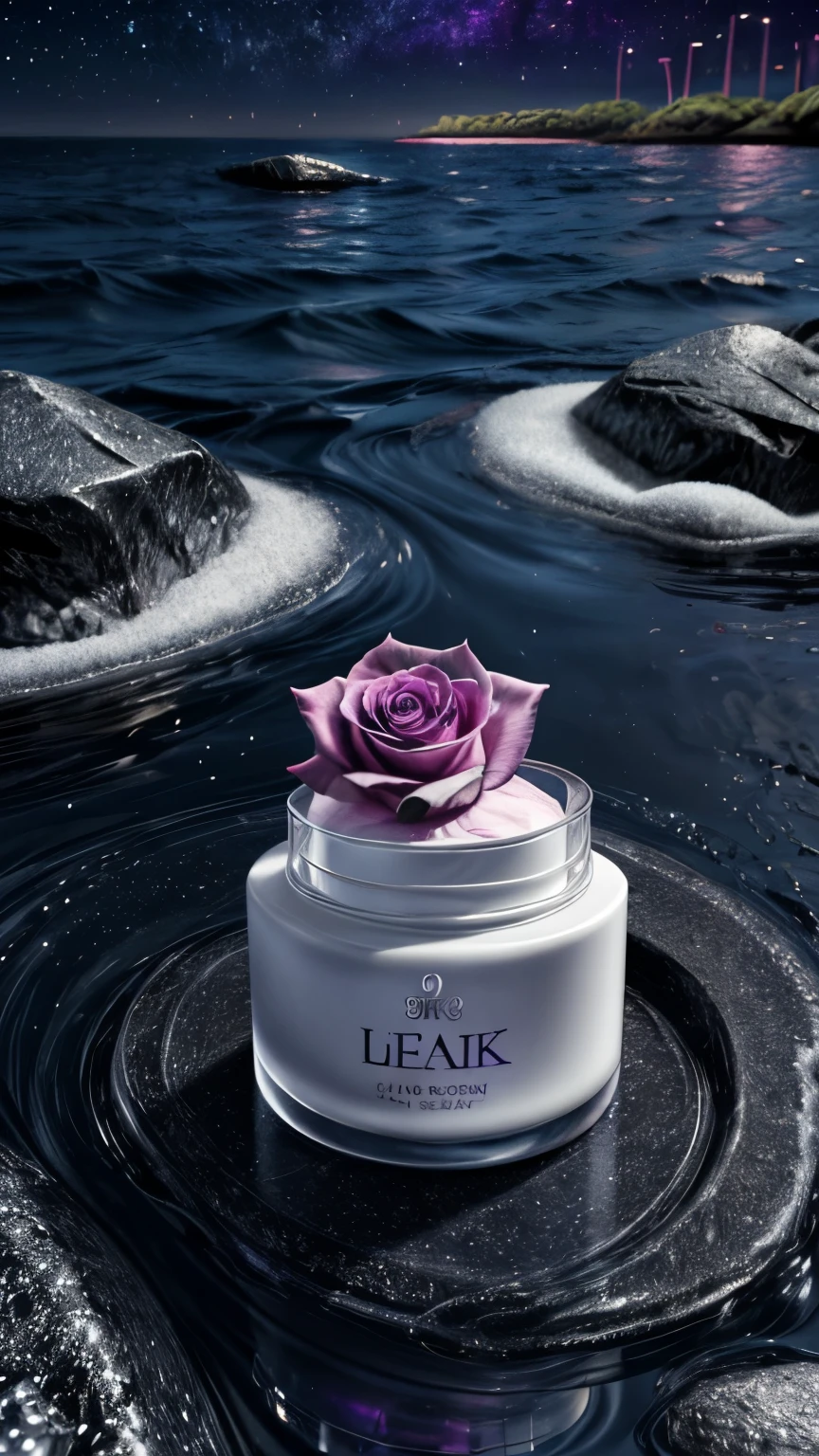 realistic,(1 cosmetic cream) placed on colorful crystals on the sea,surrounded by shining white roses. The background features a serene night sky with a gradient of purple and pink,suggesting the neon lights,(masterpiece:1.4),(8k:1.5)