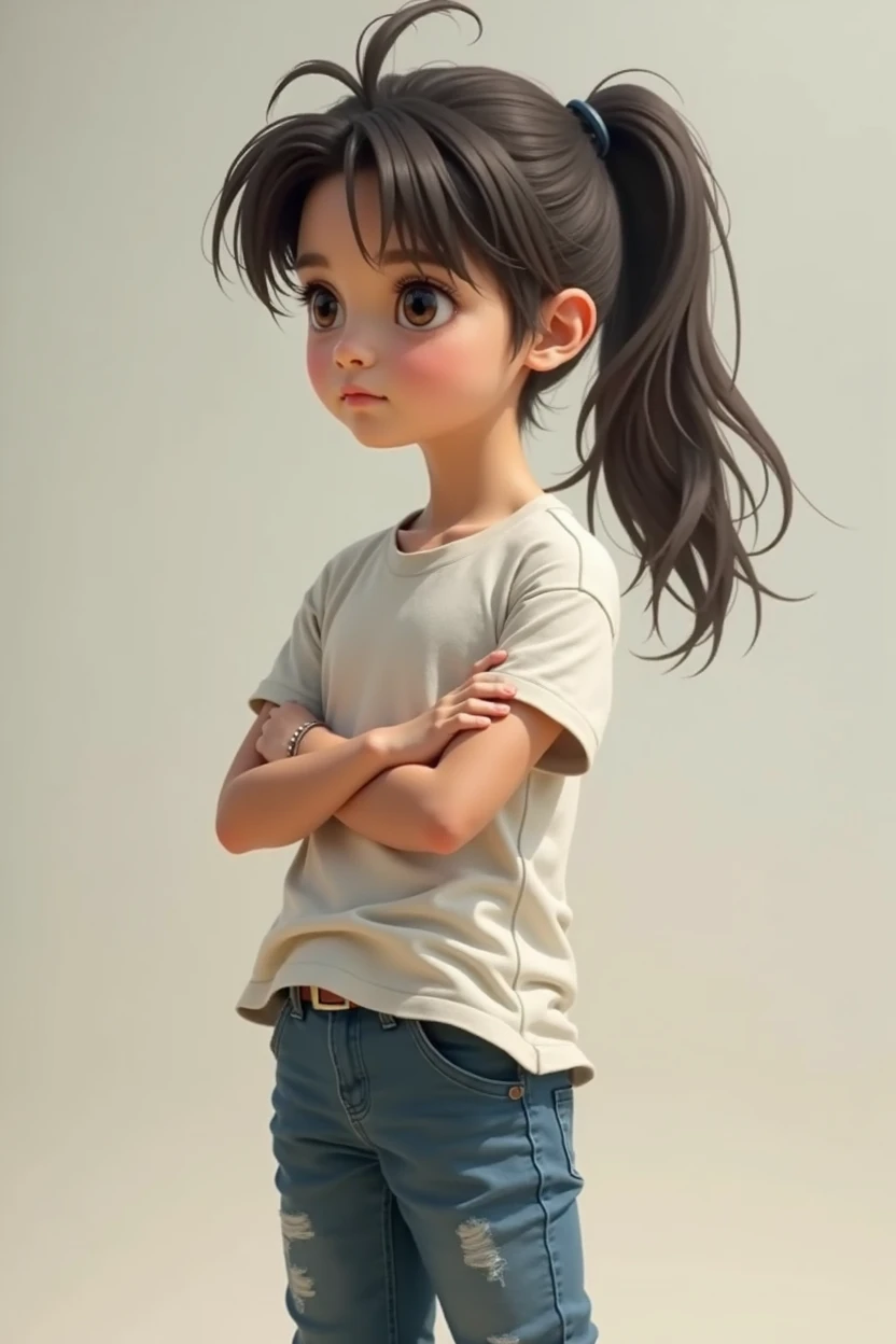 A boy with long hair tied in a ponytail wearing a white t-shirt and jeans.