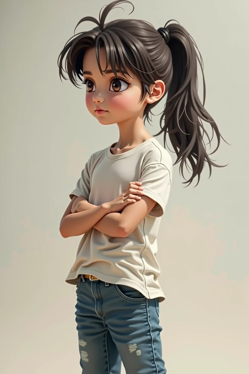 A boy with long hair tied in a ponytail wearing a white t-shirt and jeans.
