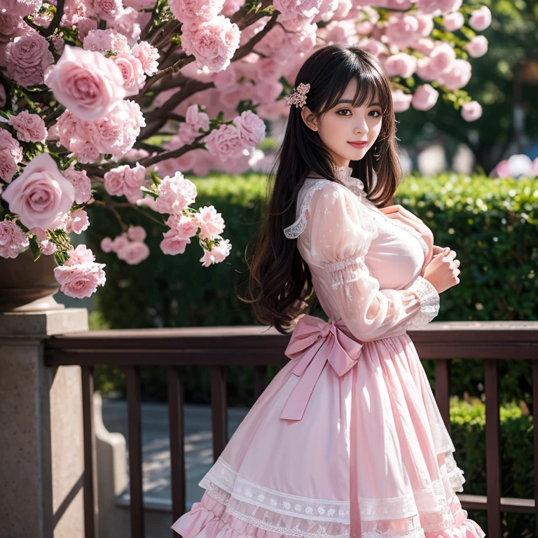 Bow at the back of the waist, Skirt length to calf, cupcake dress, Layered skirt with lace on each layer, Wear a dress, layered dress, Pink lolita, lots of lace, Long sleeve, Wide sleeves, Big skirt, layered lace skirt, Puff sleevesde sleeves, Transparent sleeves, intricate details showcase the ruffles and intricate designs of the Lolita dress, Wea lolita dress, in the ant park, at disneyland, best quality, Delicate face,beautiful visual work, lifelike, eternity, black hair, Long curly hair, blunt bangs, Smile, Detailed Background, Delicate face,blush,cold,((masterpiece))、(top quality)、8k、high detail、Super detailed,41-year-old female, masterpiece、born、Scenes resembling fairy tale illustrations、intricate details和複雜的設計、Beautifully、magic、capricious、 Beautifully、Dream aesthetics、「𝓡𝓸𝓶𝓪𝓷𝓽𝓲𝓬、ethereal、charming、fickle、magic」、realism、Visualects、FXAA、SSAO、Shader、voiceless、ambient lighting、Tone mapping、High resolution、Ultra high quality、Million pixels、(8K resolution:1.10)、8k、8k以下、8K resolution、high detail、intricate details, (high quality:1.2、masterpiece:1.2、:1.21)、(41-year-old female:1.21)、(興奮地Smile)、(Surrounded by a dreamy atmosphere、Model diagram,full-body shot,Normal 2 feet,Put your hands behind you,The protrusion of the breast is visible when wearing c, Large Breasts, H cup chest, pink clothes, Do show your fingers, full-body shot, full-body shot,full-body shot,full-body shot,full-body shot,full-body shot,full-body shot,full-body shot,hands hidden in clothes, hands hidden in clothes,hands hidden in clothes,hands hidden in clothes,hands hidden in clothes,hands hidden in clothes,hands hidden in clothes,hands hidden in clothes,hands hidden in clothes, ,hands hidden in sleeves ,hands hidden in sleeves ,hands hidden in sleeves ,hands hidden in sleeves ,hands hidden in sleeves ,hands hidden in sleeves ,hands hidden in sleeves ,hands hidden in sleeves, arms behind back, arms behind back, side view, side angle, Each layer of the cake skirt has lace, side view photo, side angle shot