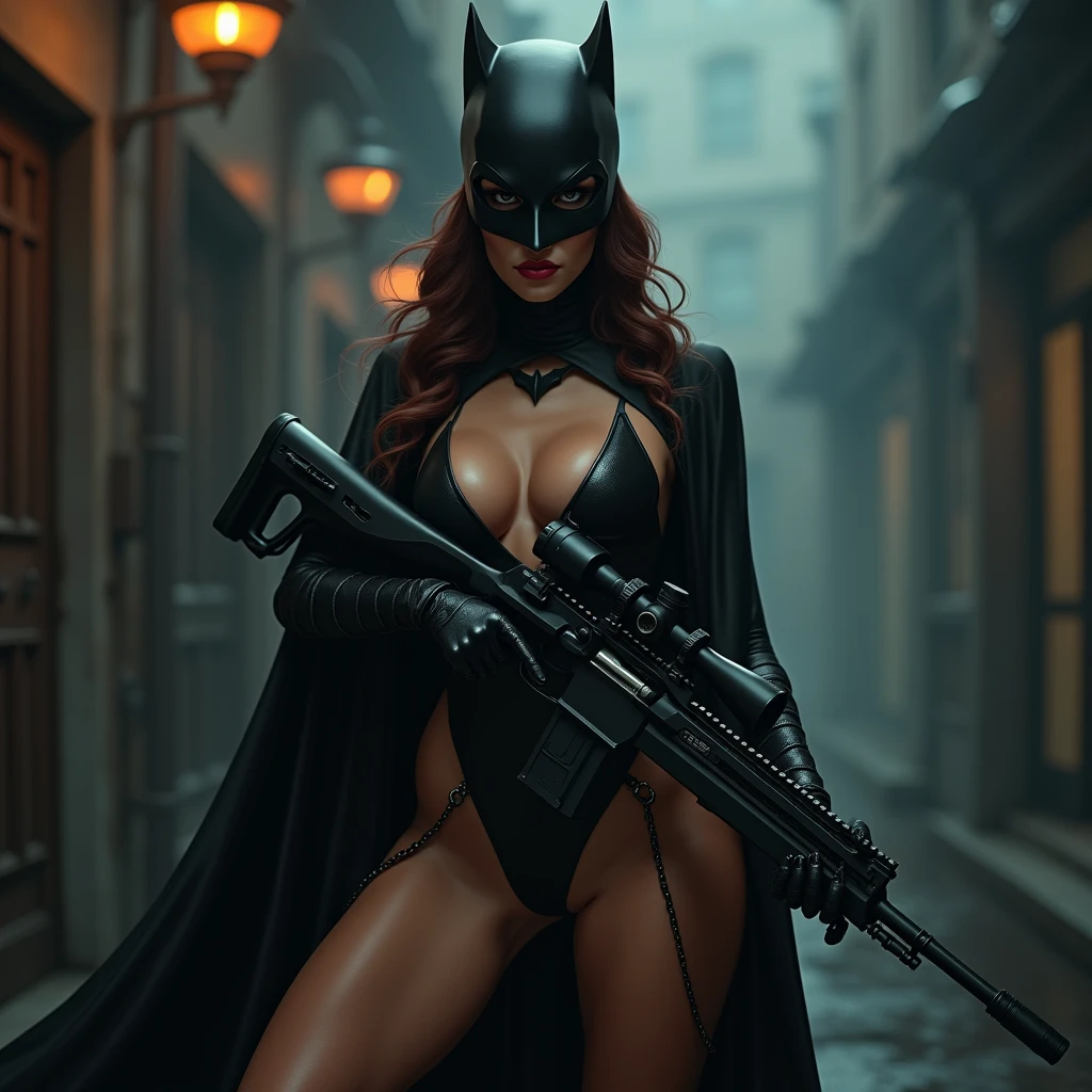 Batmanレディ　Batman　mask　mask　Beauty　Alluring　mysterious　Cool Beauty　cute　Beauty　More cute　Make it cute　beautiful girl　Real　Full body　sniper rifle　Cover your chest.　sexy　Bodysuits