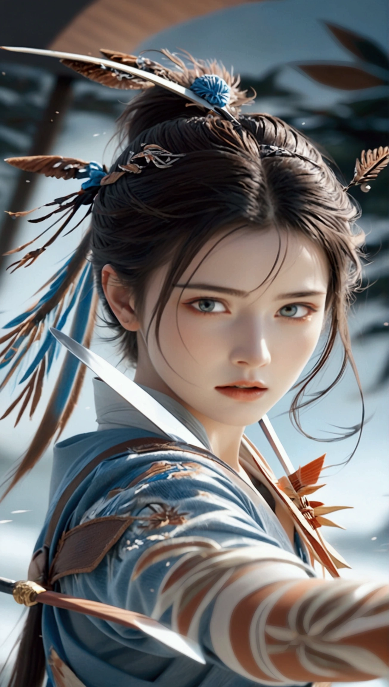 (Japanese sword &reference;Muramasa 2&reference;.2)Beautiful 27 year old woman、Japanese women、Tie your hair back、Hair ornament artist、Shinobi Costume、Warrior、Clear Eyes、{Arm tattoo(SakuraFubuki}&#39;Back Tattoo、Warrior、(Japanese swordを両手で構える、1.3)(Japanese sword1.2)Intermediate position、In front of the body、(Hold the sword horizontally 1.3)、whole body、Long Blade Sword、Realistic battle scenes、敵Warriorの返りBlood、Blood、High resolution、Highest quality、Very detailed、8k、background、The castle is burning、Sparks fly、