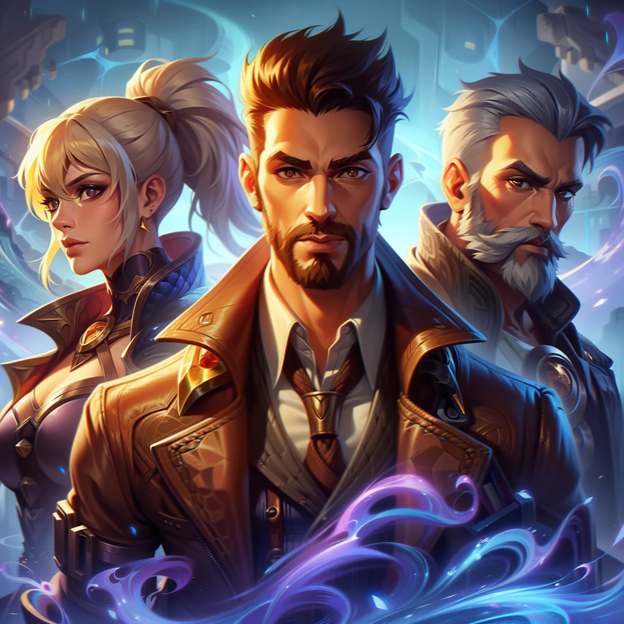 League of Legends style, fantasy Aetherpunk world setting, 3 people, (30 year old caucasian male detective with short brown hair, brown eyes, stubble, brown jacket), (40 year old caucasian female, blonde hair in ponytail, casual fantasy outfit), (50 year old caucasian male, short grey hair and beard, master machinist), high quality, best quality, detailed faces, swirling purple energy, book cover