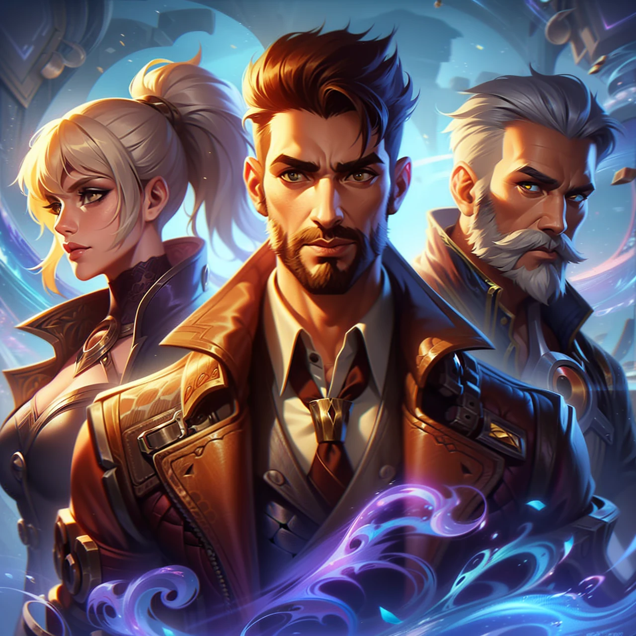 League of Legends style, fantasy Aetherpunk world setting, 3 people, (30 year old caucasian male detective with short brown hair, brown eyes, stubble, brown jacket), (40 year old caucasian female, blonde hair in ponytail, casual fantasy outfit), (50 year old caucasian male, short grey hair and beard, master machinist), high quality, best quality, detailed faces, swirling purple energy, book cover