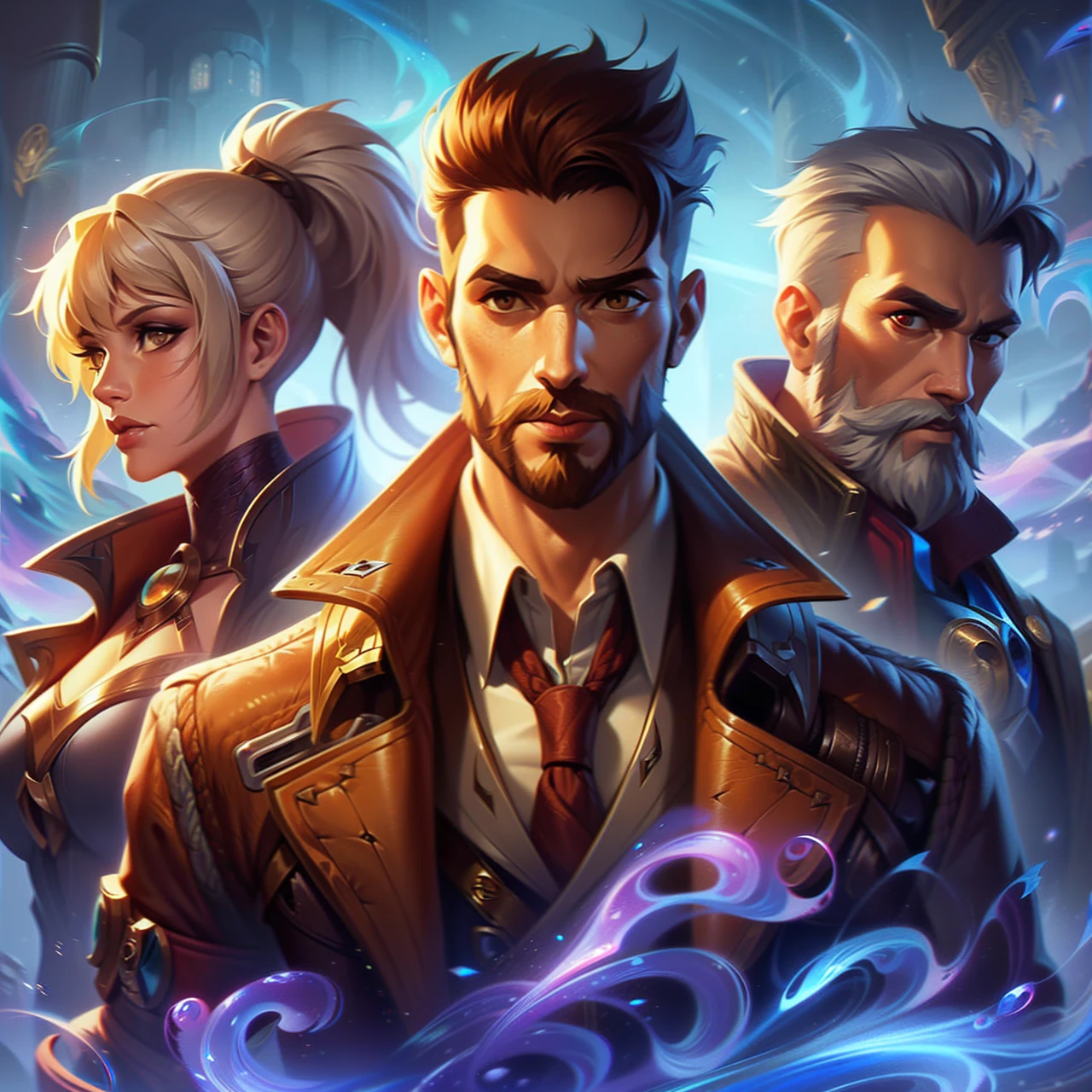 League of Legends style, fantasy Aetherpunk world setting, 3 people, (30 year old caucasian male detective with short brown hair, brown eyes, stubble, brown jacket), (40 year old caucasian female, blonde hair in ponytail, casual fantasy outfit), (50 year old caucasian male, short grey hair and beard, master machinist), high quality, best quality, detailed faces, swirling purple energy, book cover