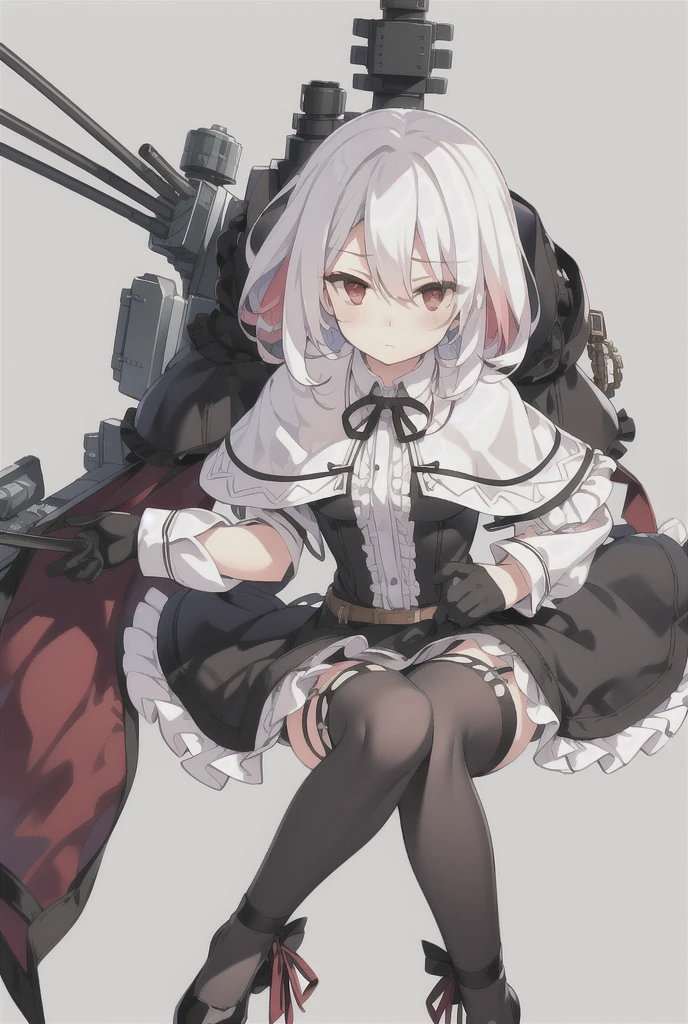 Vittorio_Veneto \(warship girls r\),((masterpiece)),(((best quality))),((ultra-detailed)),((illustration)),((disheveled hair)),((frills)),(1 girl),(solo),1girl,bangs,belt,black footwear,black gloves,black legwear,blush,breasts,cannon,capelet,gloves,gradient,looking at viewer,machinery,miniskirt,multicolored clothes,red eyes,rigging,shirt,shoes,sitting,skirt,solo,thighhighs,turret,very short hair,white hair,