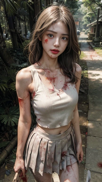 One Woman、、Baby Face、Beautiful woman、whole body、((A battle royale-esque setting、Uninhabited island))、Walking along the path in a vast forest filled with animals、(Swinging a long machete:1.3)、(Beige blazer with a knee-length pleated skirt、Wearing a white tank top on the inside)、I can see my belly button、loafers、Straight hair、Shoulder bag、Medium chest、(Covered in blood, both on the face and clothes.:1.8)、(Sweat)、(Brighten the shadow contrast)、(Professional Cinema Lighting)、(Facial lighting)、(Hmph++:1.10)、(Ultra-high resolution)、(Highest quality)、(Improvement of quality)、(Very detailed)、(Accurate Color)、