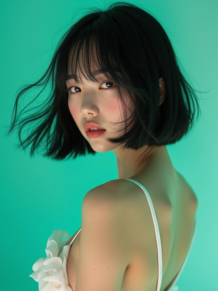 real photograph, (masterpiece), (highest quality), (Super detailed), (messy hair), (shape), (one japanese girl), (chiffon frill bikini), big breasts, Are standing, Fashion Model, (simple cyaan green background), fine and beautiful eyes, pretty faced,  floating, (high color saturation),  focus on face, black bob cut hair, floating Hairs, (shining), best writing, best shadow,