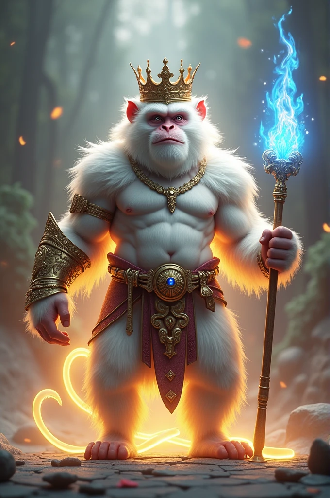 3D animation of a crowned white ey king, with a brave and dignified face, wearing armor, a big dick, his body is filled with a strong golden energy aura, holding a spear with an aura of burning blue flames