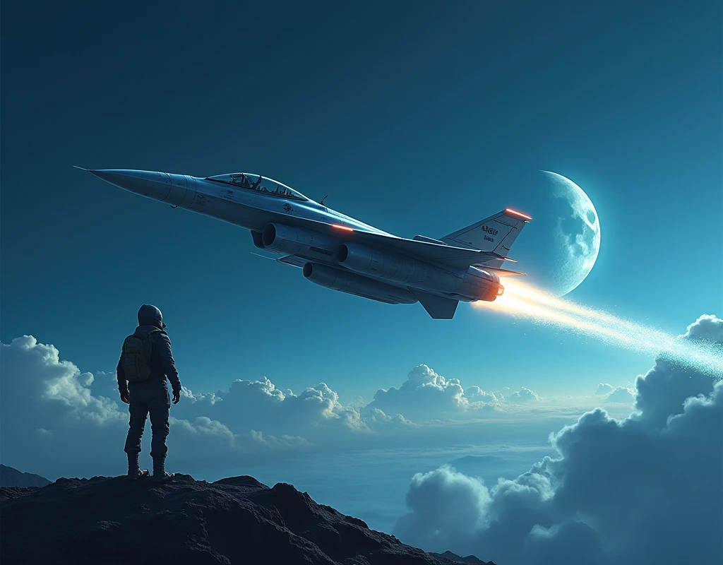 A futuristic sci-fi scene unfolds as a sleek, high-tech jet soars through the sky, its metallic sheen reflecting the pale moonlight. Against the deep blue background, puffy clouds are scattered like cotton balls. The aircraft's nose is pointed towards the crescent moon, while the tail section glows with an otherworldly aura. In the foreground, a military vehicle, possibly a reconnaissance jet, takes center stage, its helmet-shaped cockpit gazing up at the celestial body. The focus remains on the spacecraft as it pierces the atmosphere, leaving a trail of vapor in its wake.