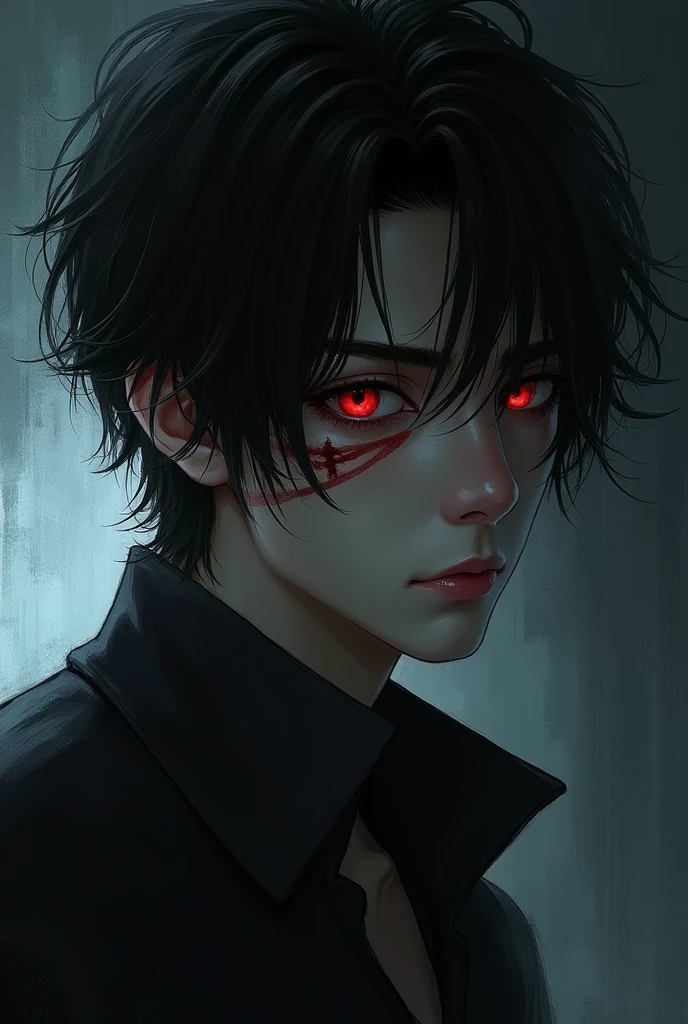 Young black-haired man with red eyes who has a scar on his right eye
