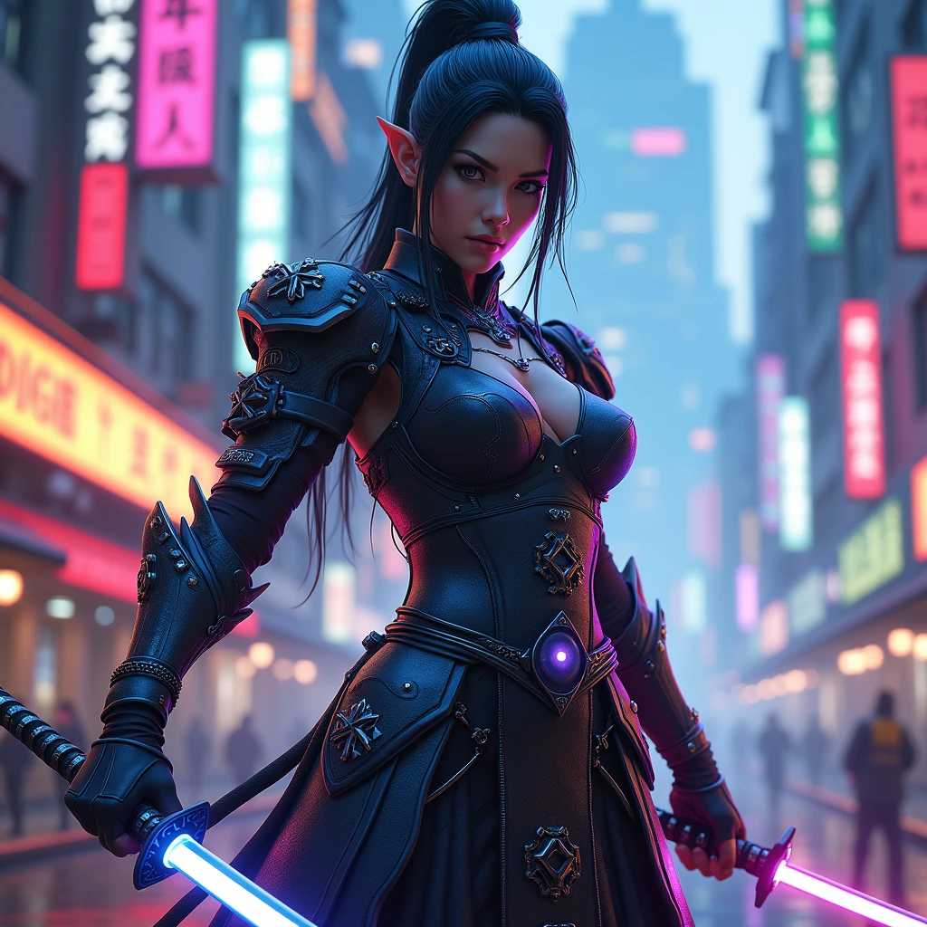 A beautiful modern-day female samurai in a cyberpunk city, holding a (((neon-lit katana sword:2))),and wearing(((armor that glows with electric energy:2))),(((cybernetic enhancements:1.6))),(ethereal fantasy concept art) . painterly, epic, majestic, cover art, best quality, realistic render, unreal engine, lifelike, hyperrealistic, highly detailed, 8 K, hyper detailed, insane details,