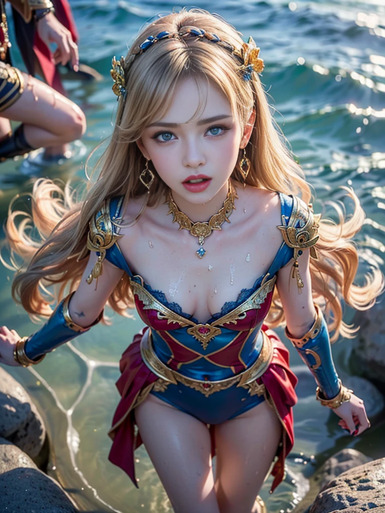 (((masterpiece, best quality))), (((high quality))), (((high resolution illustration))), (((hyper detail))),NSFW, (((Wordsworth's Sharon))),(((Very beautiful long blonde hair))), (((Very beautiful face))), ((((Detailed face)))),(((very beautiful blue eyes))),(((Realistic Skin))),(((her face is flushed))),(((slim body))),(((slim thighs))),(((small breasts))),(((very beautiful slender legs))),(((gold and blue and red armor with extremely detailed and intricate decoration))),(((beautiful earrings))),(((beautiful hair ornaments))),(((in the sea at the very beautiful beach))),(((wet her skin))),(((1girl))),(((1boy))),(((very angry))),(((a girl is walking with a boy ))),(((from above)))