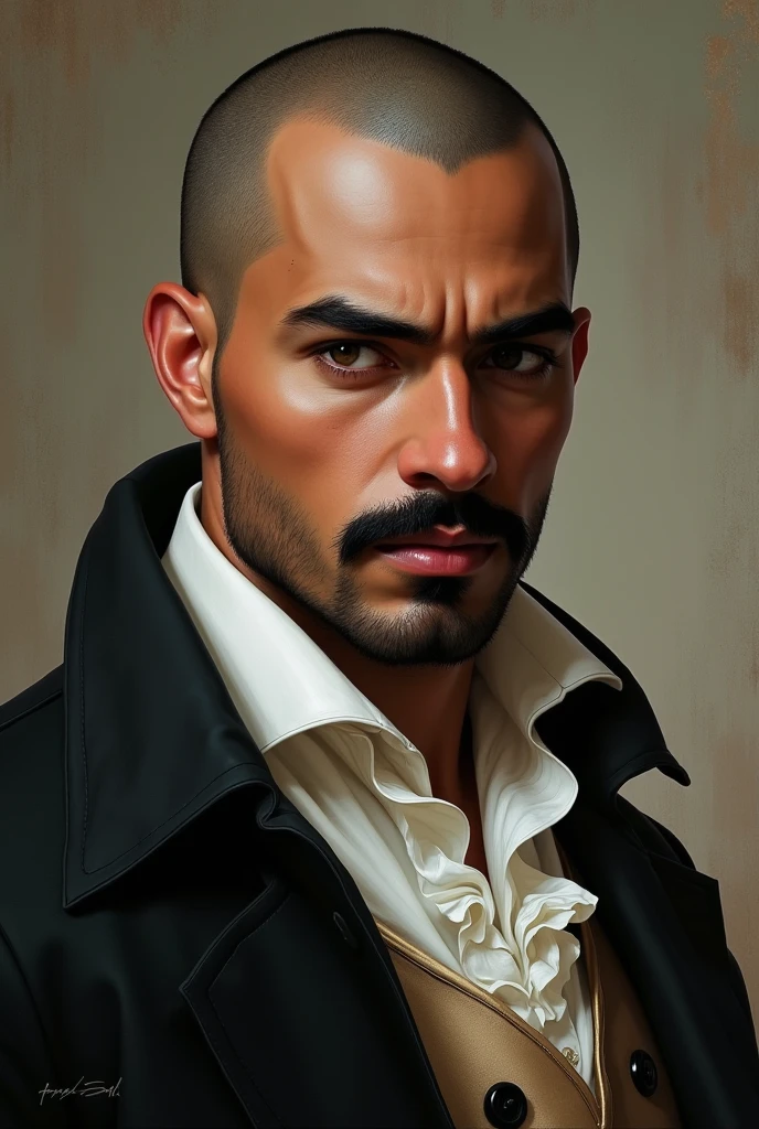 A 25-year-old man with light brown skin, a black mustache, full lips, and a shaved black head in the 17th century.

