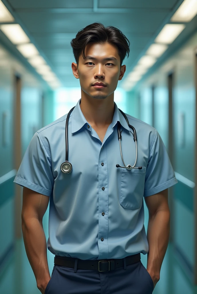 Chinese-Korean gentleman,tight nipples,realistic,masterpiece,best quality,detail,natural light,soft shadow,detailed background,photography,depth of field,intricate detail,detailed face,subsurface scattering,realistic eyes,muscle balance,photo of a handsome man,sexy doctor,stethoscope,(collared shirt),tie,pants,hospital,(35 years old),