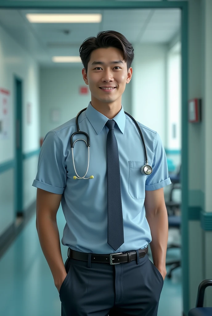 Chinese-Korean gentleman,tight nipples,realistic,masterpiece,best quality,detail,natural light,soft shadow,detailed background,photography,depth of field,intricate detail,detailed face,subsurface scattering,realistic eyes,muscle balance,photo of a handsome man,sexy doctor,stethoscope,(collared shirt),tie,pants,hospital,(35 years old),