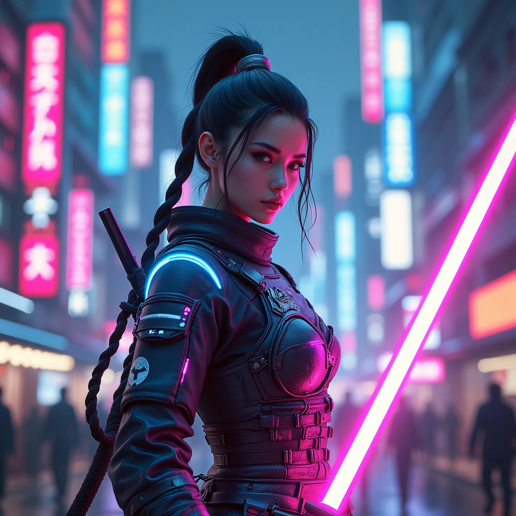 A beautiful modern-day female samurai in a cyberpunk city, holding a (((neon-lit katana sword:2))),and wearing(((armor that glows with electric energy:2))),(((cybernetic enhancements:1.6))),(ethereal fantasy concept art) . painterly, epic, majestic, cover art, best quality, realistic render, unreal engine, lifelike, hyperrealistic, highly detailed, 8 K, hyper detailed, insane details,