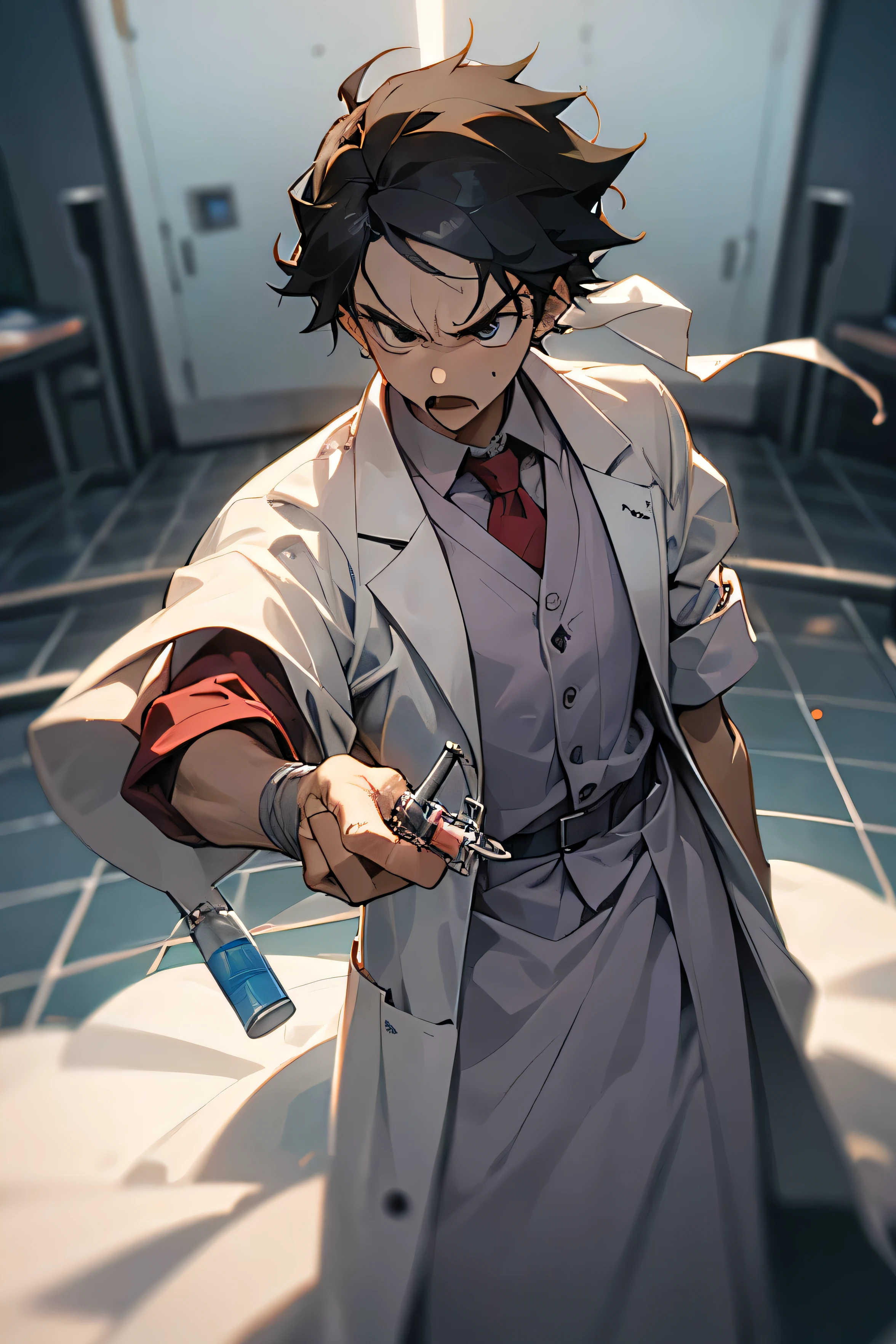 out of focus, man, holding a syringe, Researcher wearing a gown, Angry, laboratory