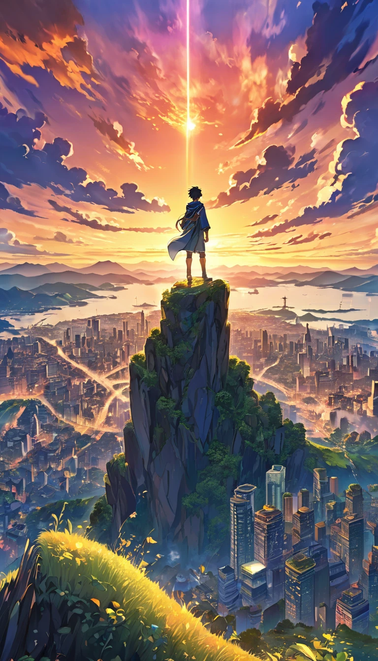 Against the backdrop of a breathtaking sunset, the Anime Boy stand atop a hill in the style of dreamlike cityscapes, anime art, 32k uhd, detailed world-building, national geographic photo, vibrant illustrations, painterly style --ar 3:4 --v 5.2

