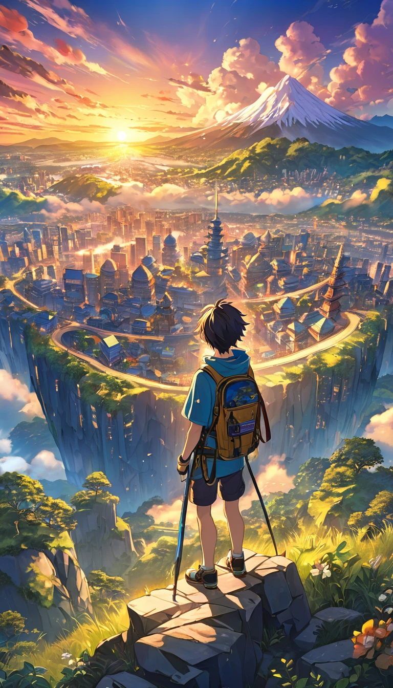Against the backdrop of a breathtaking sunset, the Anime Boy stand atop a hill in the style of dreamlike cityscapes, anime art, 32k uhd, detailed world-building, national geographic photo, vibrant illustrations, painterly style --ar 3:4 --v 5.2