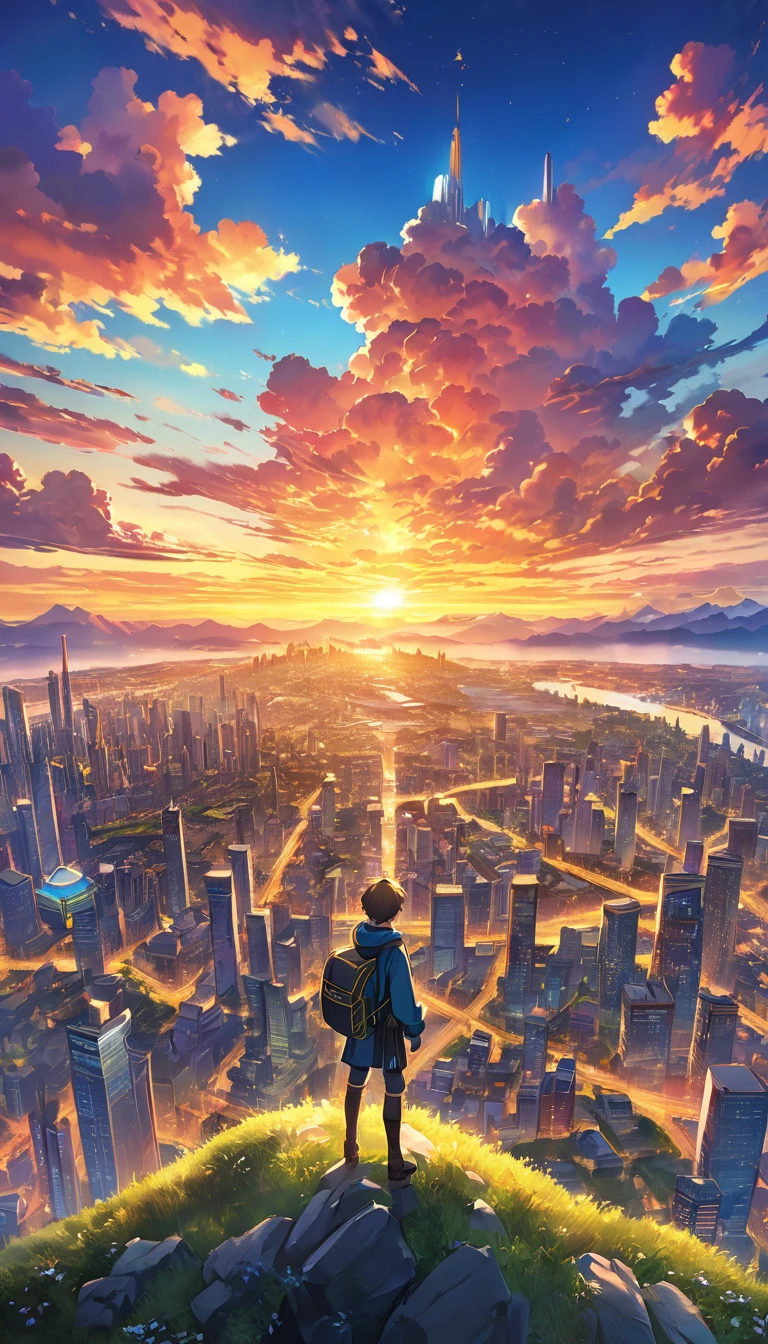 Against the backdrop of a breathtaking sunset, the Anime Boy stand atop a hill in the style of dreamlike cityscapes, anime art, 32k uhd, detailed world-building, national geographic photo, vibrant illustrations, painterly style --ar 3:4 --v 5.2

