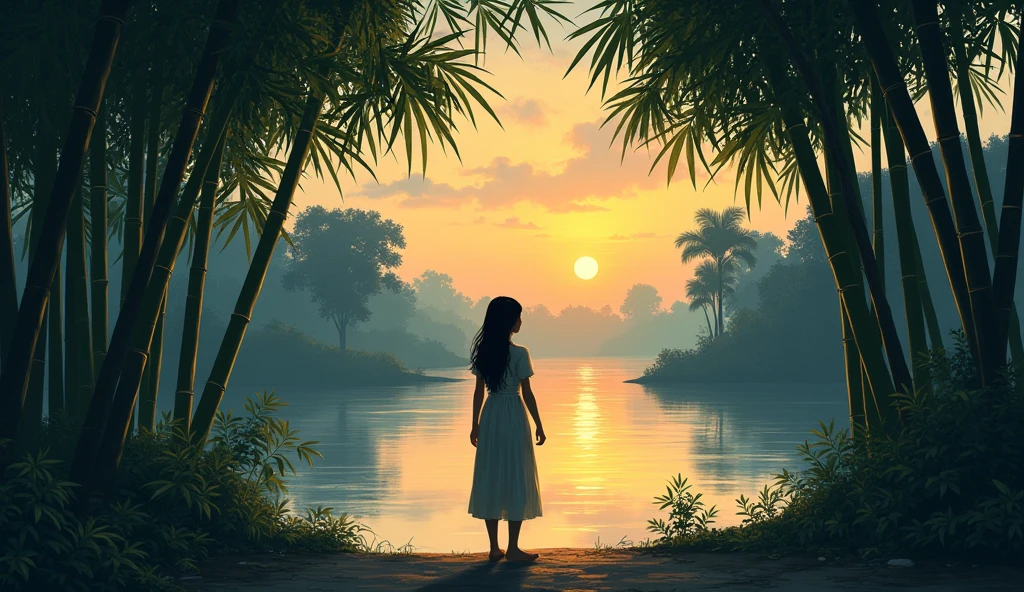 It was evening time, the sun was slowly setting in the sky. A slight coolness was spreading in the narrow streets of the village situated on the river bank. There was a strange silence in the air, as if something untoward was about to happen. The villagers were returning to their homes, but a girl, Meera, was standing alone near the bamboo trees on the river bank.