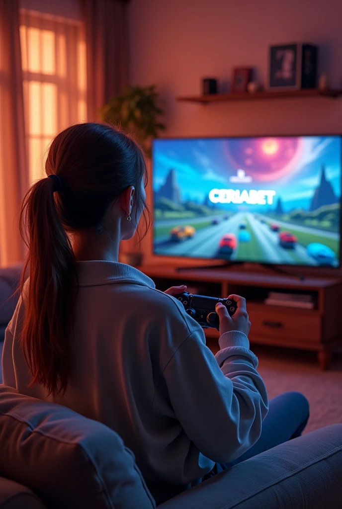 A woman is engrossed in playing a PS game in a cozy living room, wearing stylish casual clothing. On the TV screen, the word 'CERIABET' is displayed with captivating game graphics