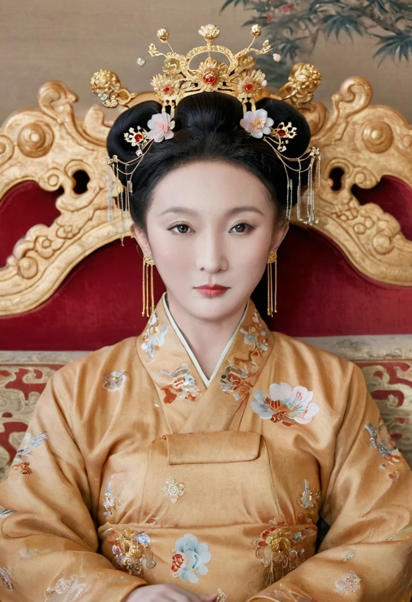 A naked woman from the Qing Dynasty, lying on a large golden sofa in the palace, with her whole body visible.,  Empress of the Qing Dynasty, Wearing a large crown, She is completely naked, Showing off gorgeous large flowers and hairpins, She tied her hair up and pulled it up, 背景はEmpress of the Qing Dynastyの豪華な宮殿.
